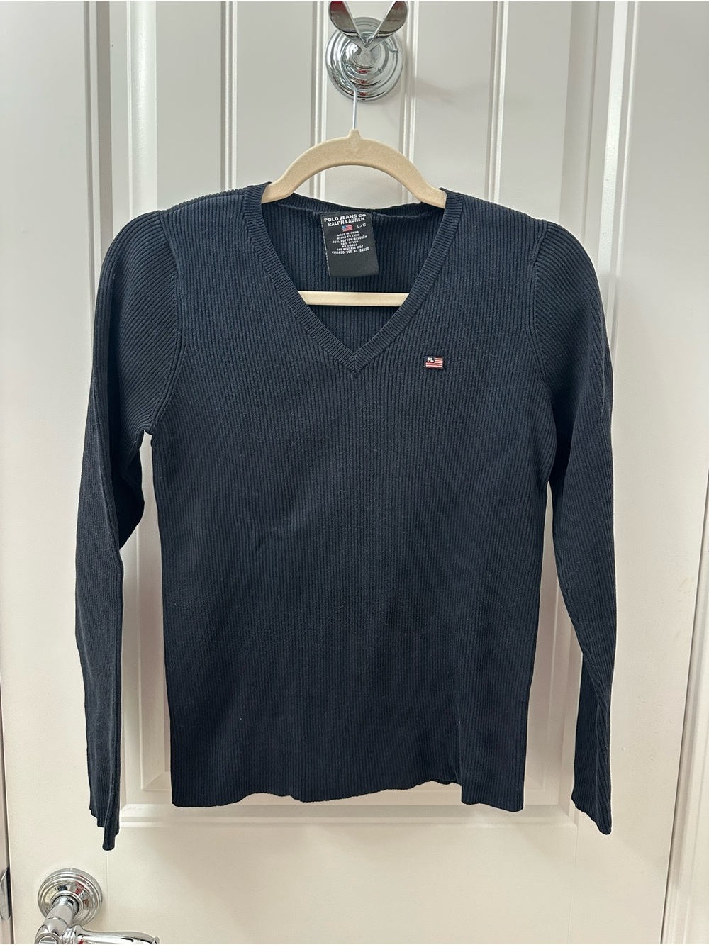 Polo by Ralph Lauren Women's Black V-Neck Long Sleeve Ribbed Top